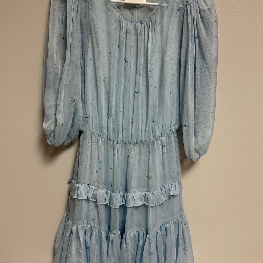 Sugarlips Light Blue Bohemian Dress with Ruffled Skirt and Billowy Sleeves
